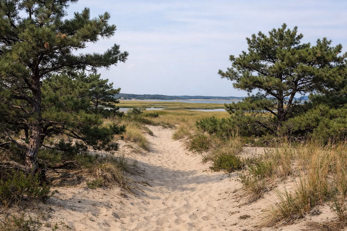 Pitch pines growing in sandy dunes with a sand path