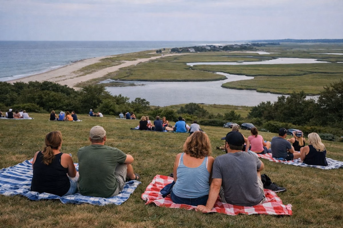 People on picnic blankets on a sloping lawn above the ocean
