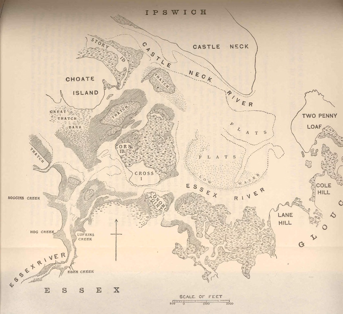 1901 map of the clam flats at the mouths of the Essex and Castle Neck rivers, showing Choate Island and Castle Neck