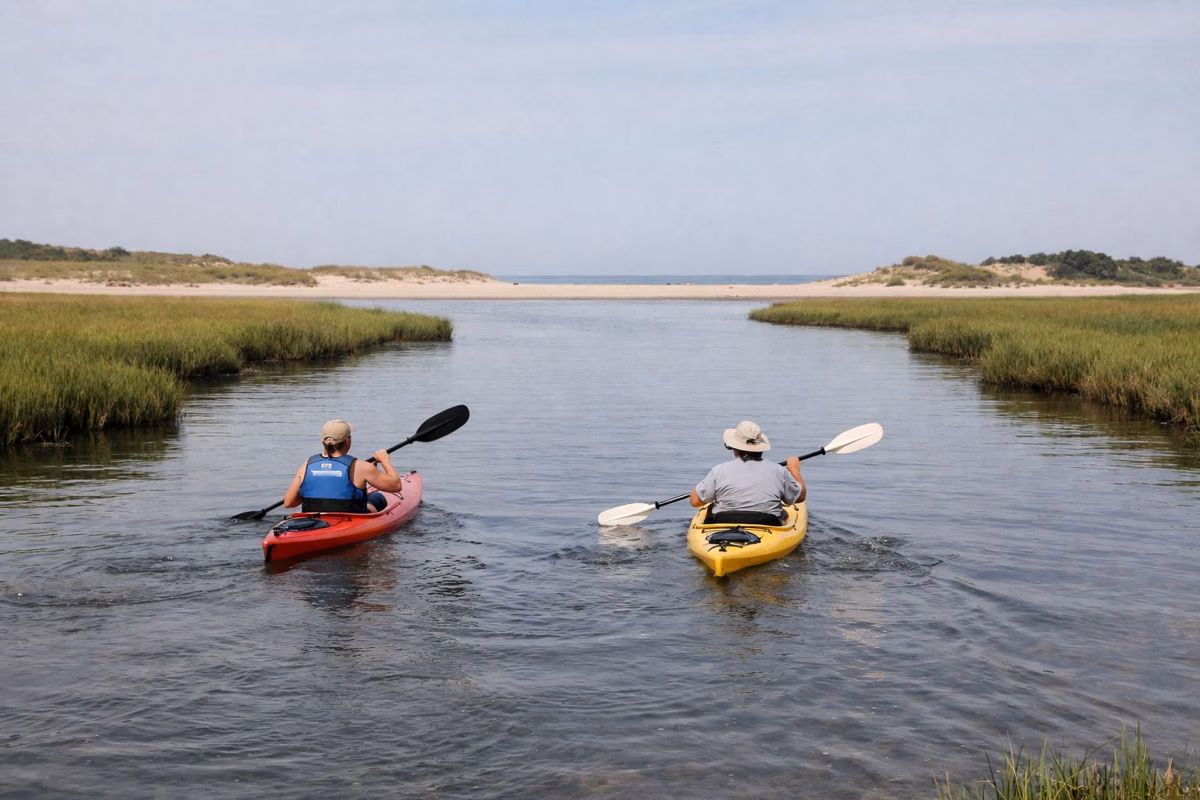 Two kayakers paddling a calm tidal river through salt marsh