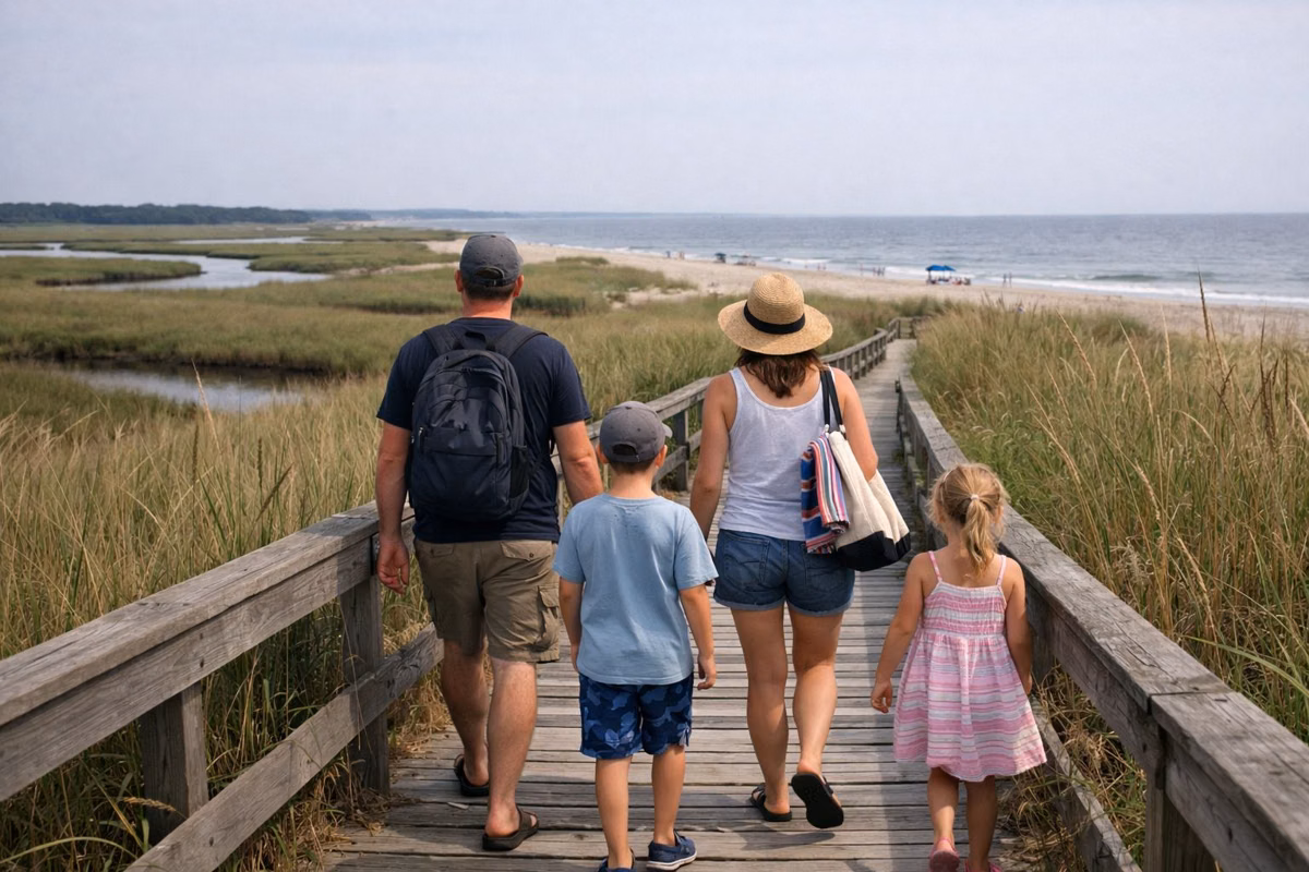 A family walking a boardwalk through dune grass to the beach