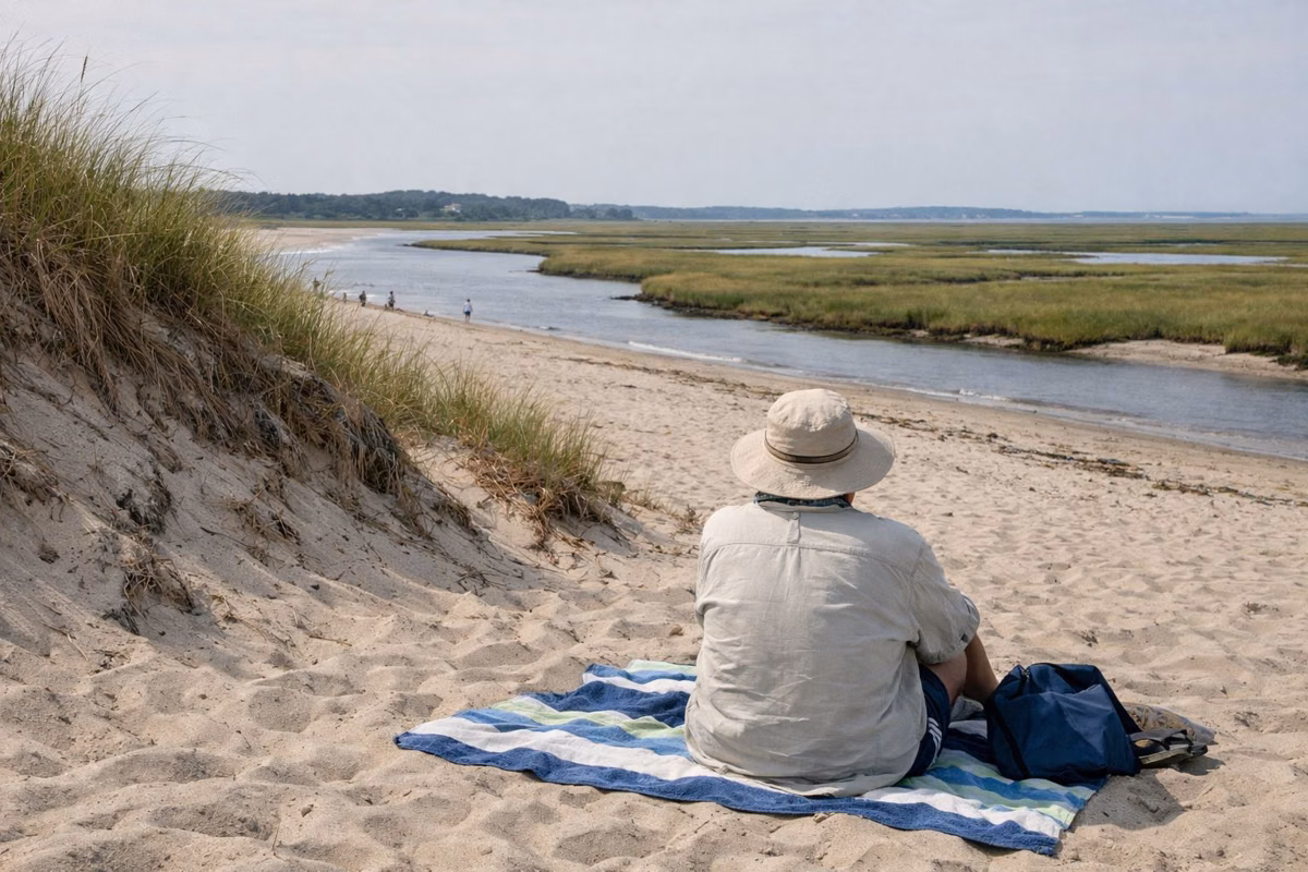 A beachgoer in long sleeves and a hat sitting on the sand