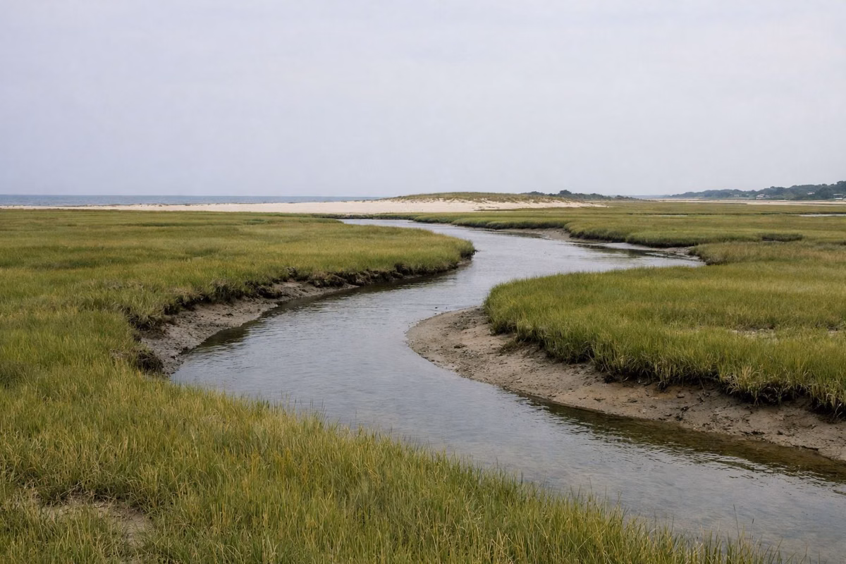 A green salt marsh with a tidal creek on a hazy July day