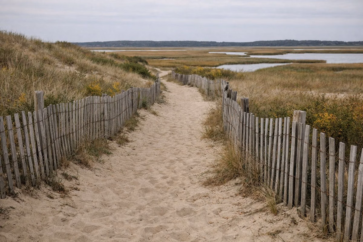 A sandy dune trail lined with wooden fencing