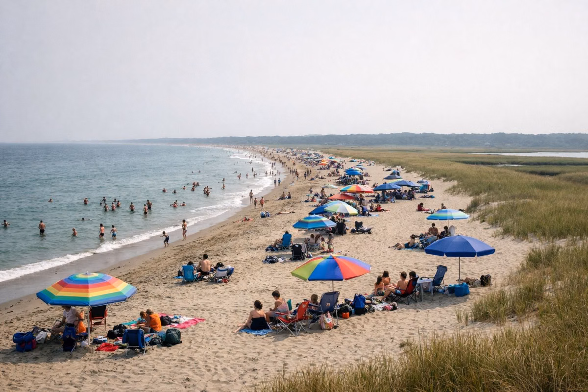 Families and umbrellas along a long, wide ocean beach in summer