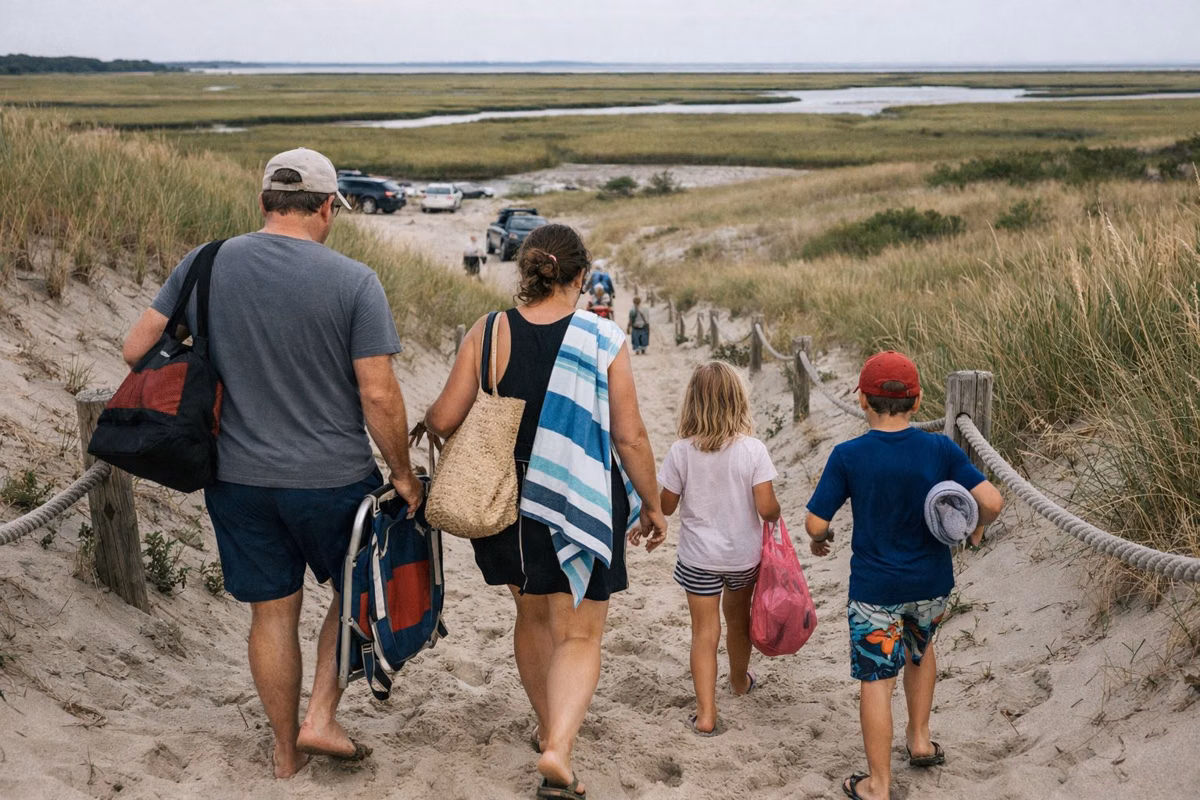 People walking back through the dunes at the end of a beach day