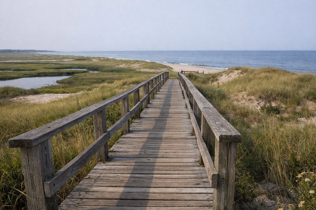 A wooden boardwalk crossing grassy dunes toward the sea