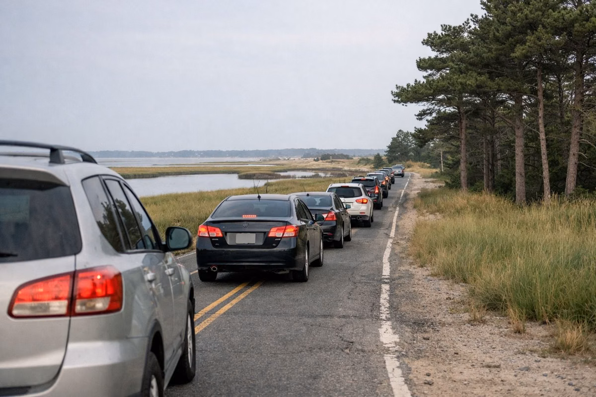 A line of cars waiting on an entrance road through marsh and pines