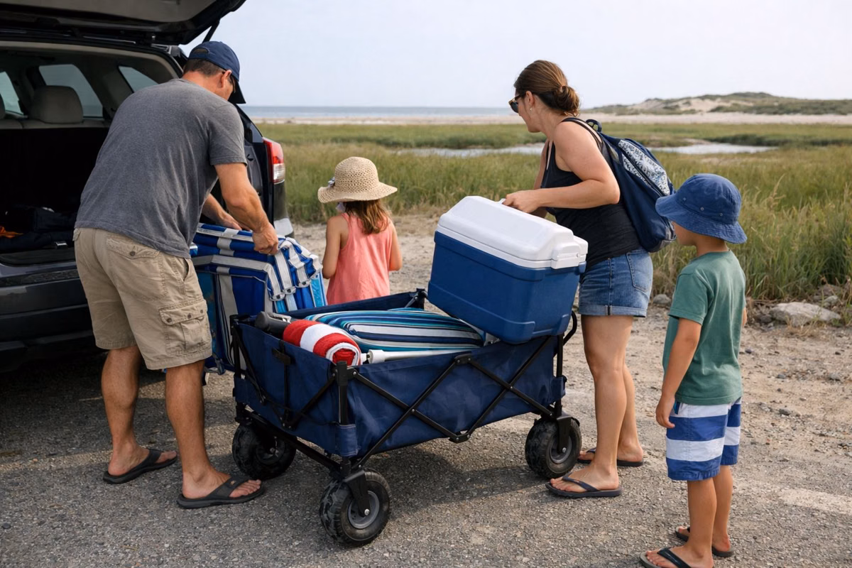 A family loading a beach wagon beside their car in a parking lot