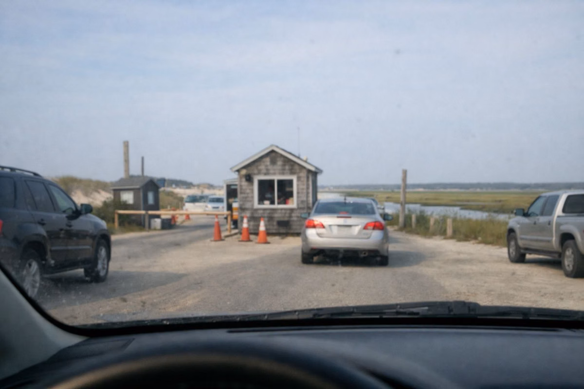 A view through a car windshield approaching a beach entrance