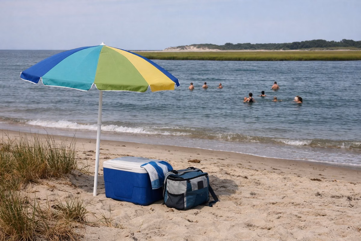 A beach umbrella and cooler on the sand near swimmers