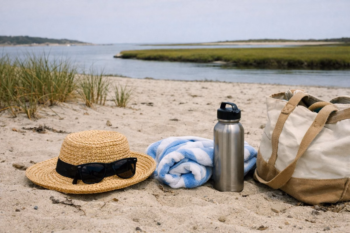 A straw hat, towel and beach bag on the sand