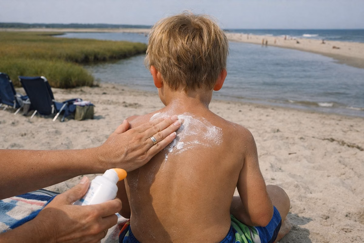 A parent putting sunscreen on a child at the beach