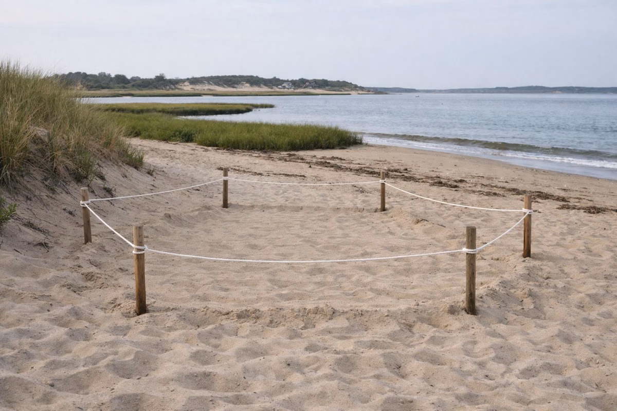 A roped-off section of upper beach near the dunes