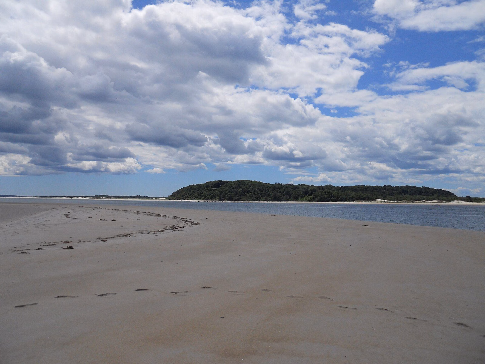 Castle Hill seen across wide low-tide sand flats from Sandy Point, Plum Island