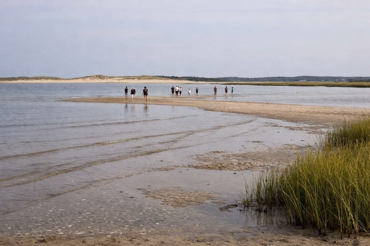 People walking far out on a low-tide sandbar