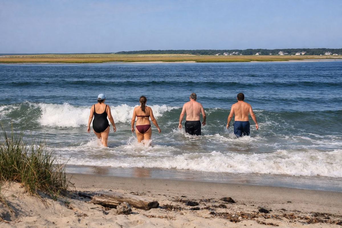 Swimmers wading into cold ocean surf on a sunny day
